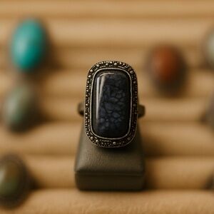 Southwestern Pietersite / Marcasite set in a metallic ring, aka “Tempest Stone"
